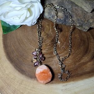 Long Boho Necklace With Orange Gemstone Pendant, & Pink & Purple Crystal Accents